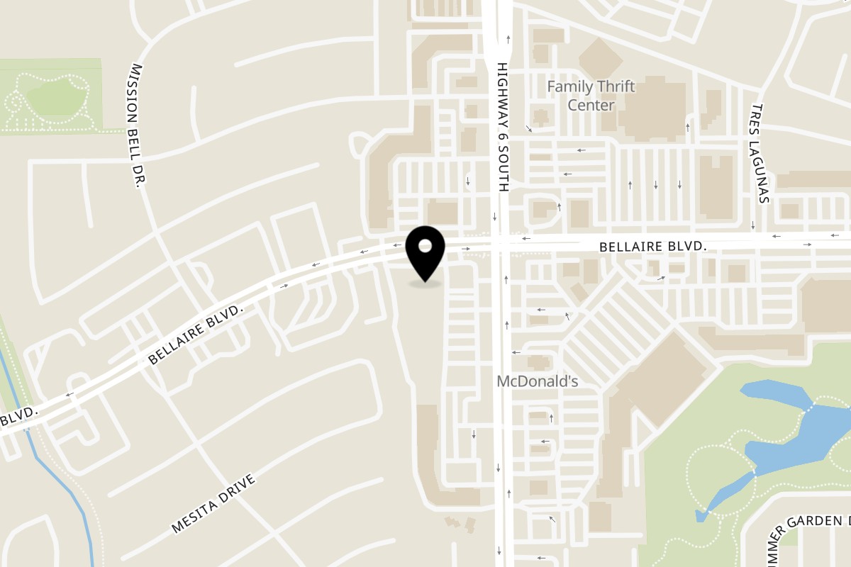 Map showing the location of Tahini Plus on 6802 S Texas 6 in Houston